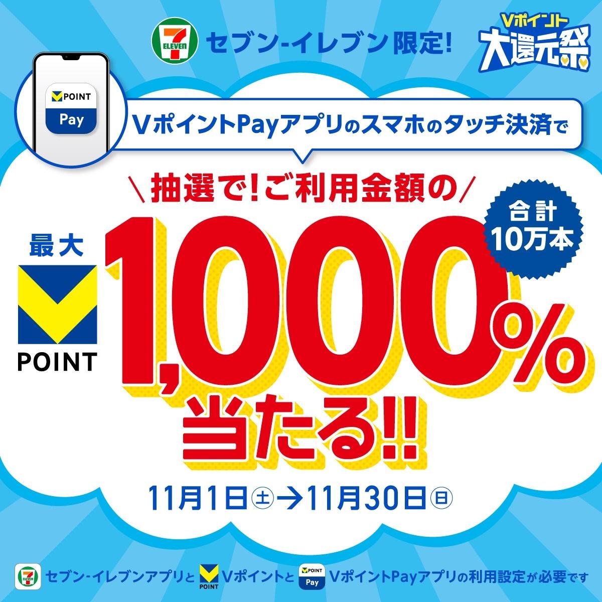 「VポイントPayアプリ」のスマホのタッチ決済で最大1,000％還元！のメインビジュアルです