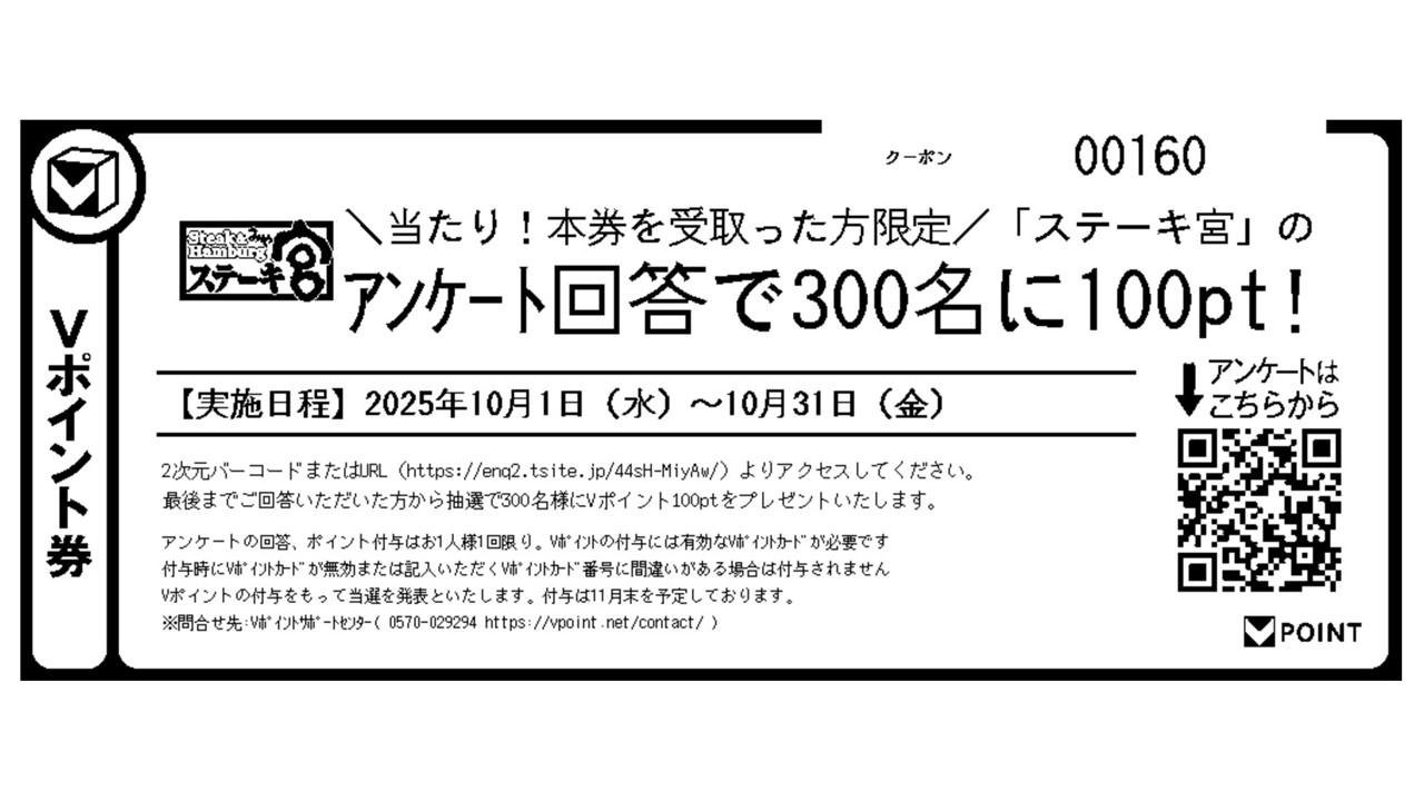 Vポイントカードを提示するとアンケートページのQRコード付きクーポンがランダムで発券される